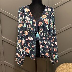 Time and Tru Navy Floral Blouse with Tassels